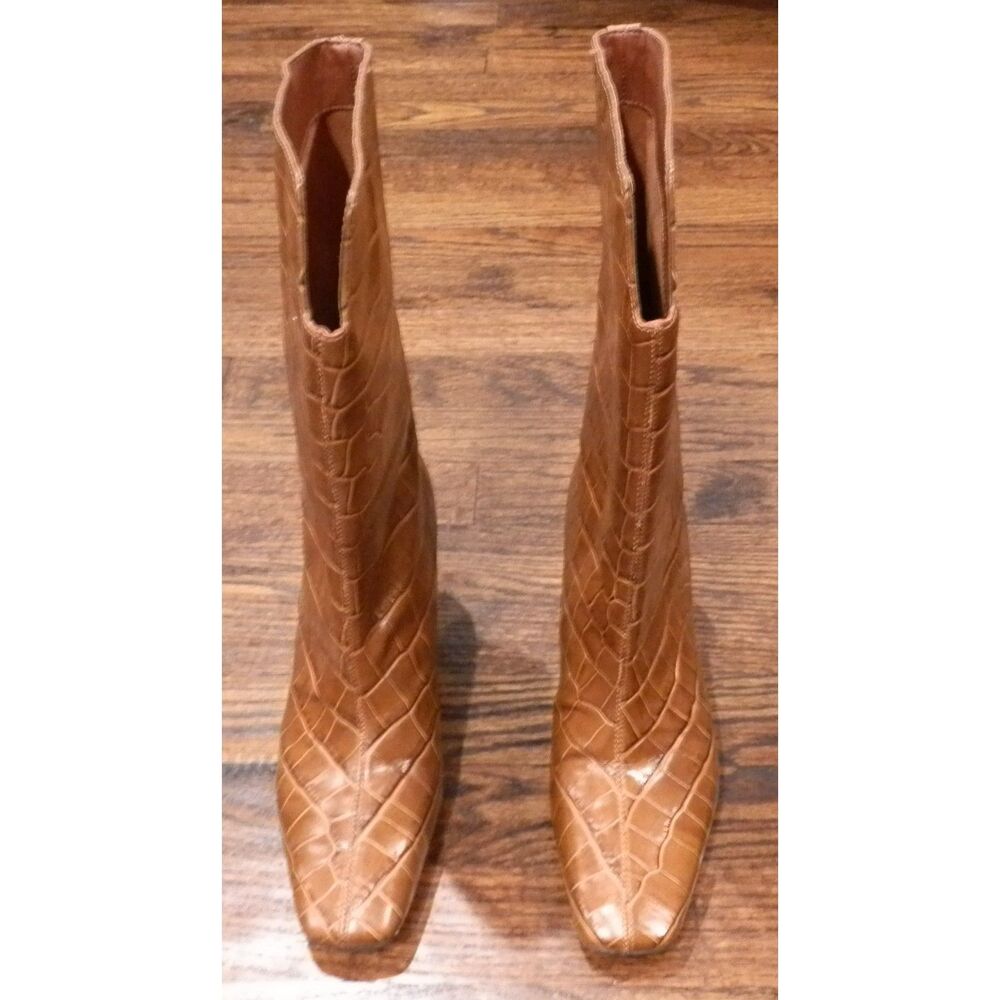 Sam Edelman Croc-Embossed Mid-Calf Kitten Heel Boots in Brown - Picture 3 of 9